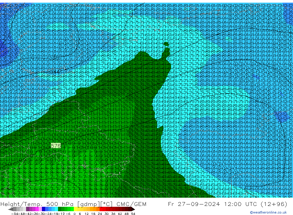 Height/Temp. 500 гПа CMC/GEM пт 27.09.2024 12 UTC