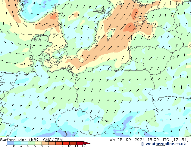ве�Bе�@ 10 m (bft) CMC/GEM ср 25.09.2024 15 UTC