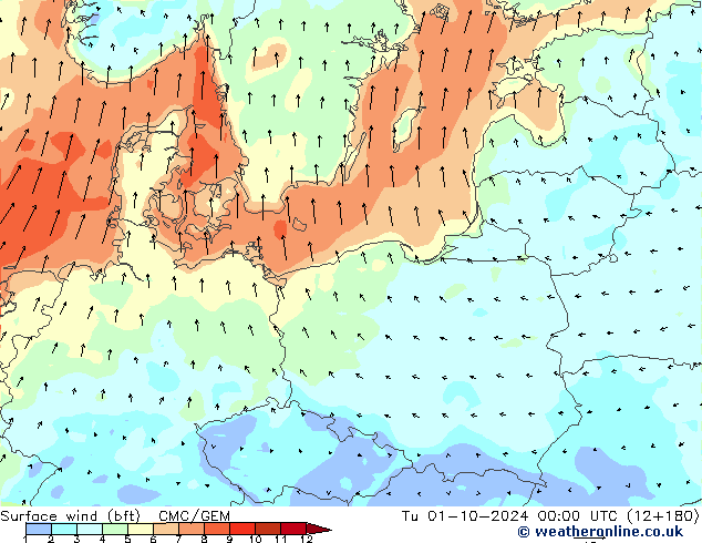 Vent 10 m (bft) CMC/GEM mar 01.10.2024 00 UTC