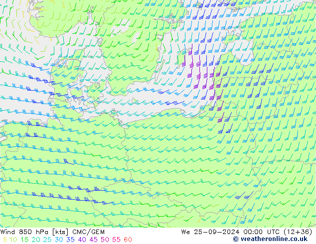 Vento 850 hPa CMC/GEM mer 25.09.2024 00 UTC