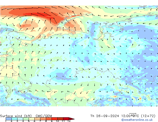 Surface wind (bft) CMC/GEM Th 26.09.2024 12 UTC