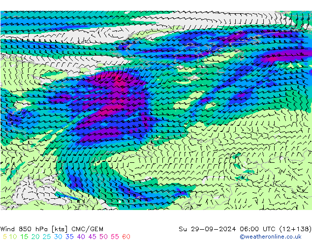 Wind 850 hPa CMC/GEM Su 29.09.2024 06 UTC