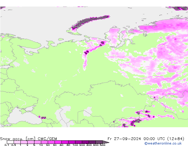 Snow accu. CMC/GEM ven 27.09.2024 00 UTC