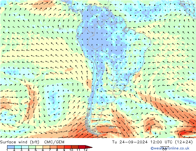 Vento 10 m (bft) CMC/GEM mar 24.09.2024 12 UTC