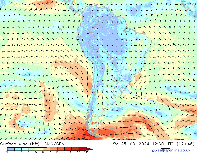 Surface wind (bft) CMC/GEM We 25.09.2024 12 UTC