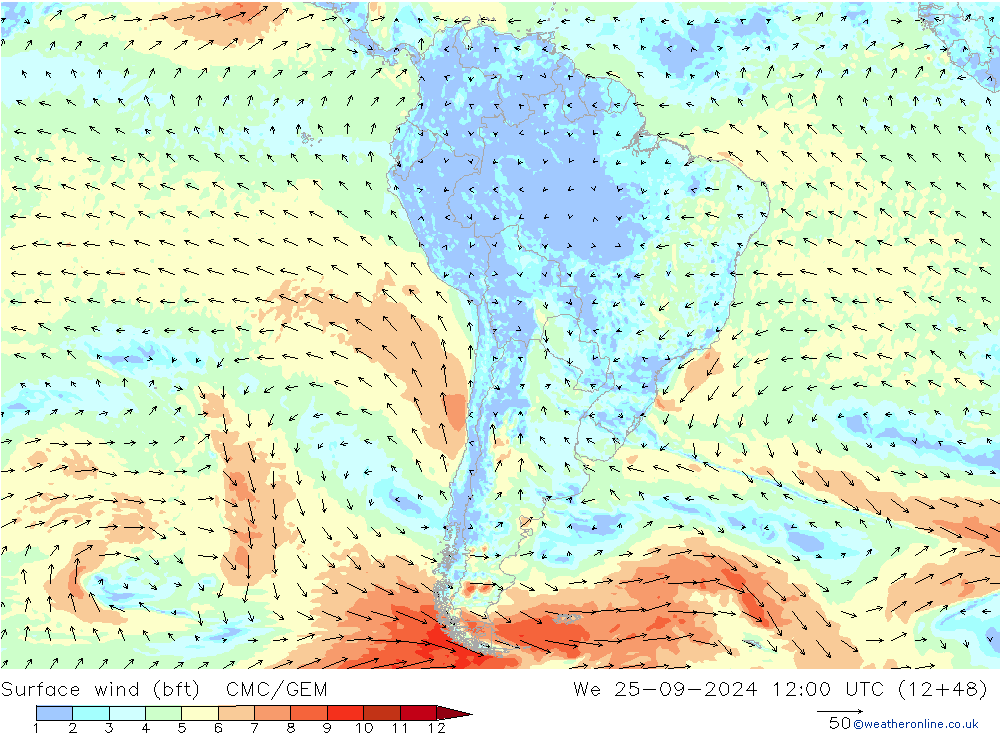 Surface wind (bft) CMC/GEM We 25.09.2024 12 UTC