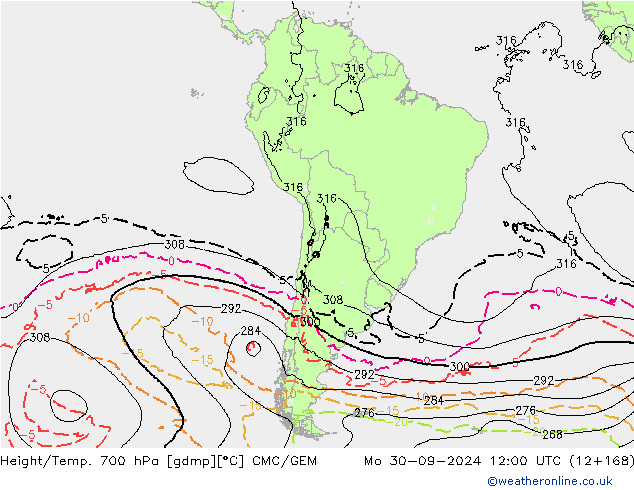 Height/Temp. 700 hPa CMC/GEM pon. 30.09.2024 12 UTC