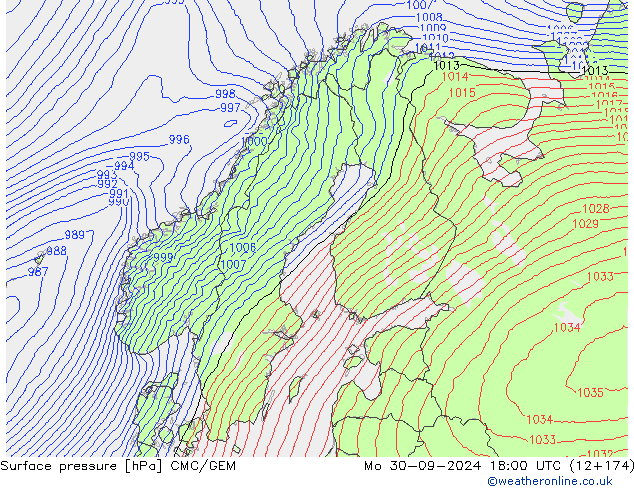 Surface pressure CMC/GEM Mo 30.09.2024 18 UTC