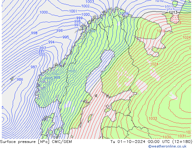 Atmosférický tlak CMC/GEM Út 01.10.2024 00 UTC