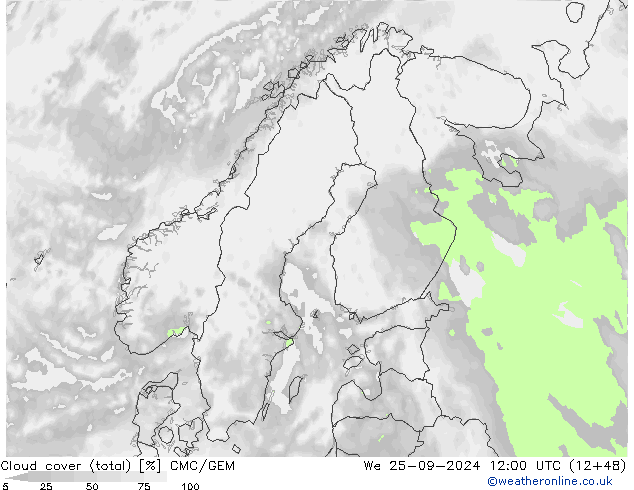 Cloud cover (total) CMC/GEM We 25.09.2024 12 UTC