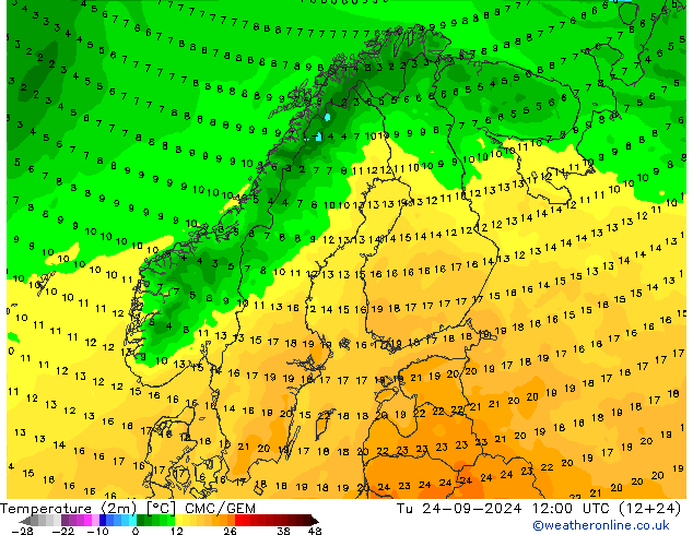 Temperaturkarte (2m) CMC/GEM Di 24.09.2024 12 UTC