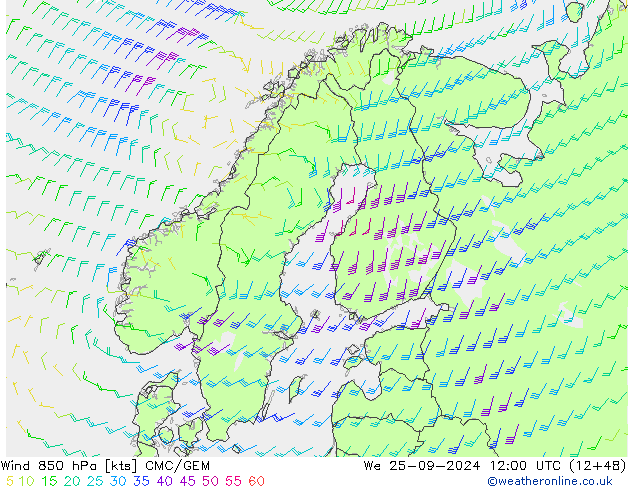 Wind 850 hPa CMC/GEM We 25.09.2024 12 UTC