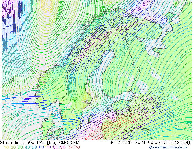 Streamlines 300 hPa CMC/GEM Pá 27.09.2024 00 UTC