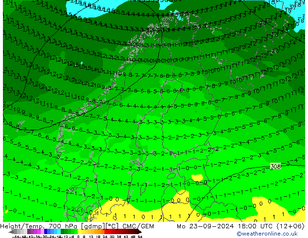 Hoogte/Temp. 700 hPa CMC/GEM ma 23.09.2024 18 UTC