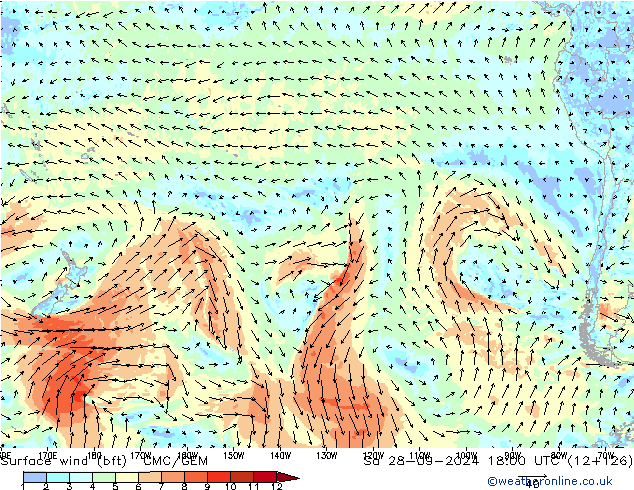 Surface wind (bft) CMC/GEM Sa 28.09.2024 18 UTC