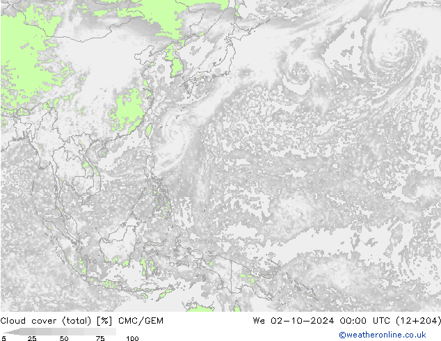 Cloud cover (total) CMC/GEM We 02.10.2024 00 UTC