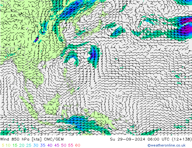 ветер 850 гПа CMC/GEM Вс 29.09.2024 06 UTC