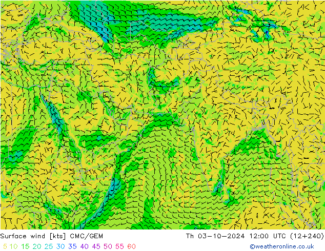 Vento 10 m CMC/GEM Qui 03.10.2024 12 UTC