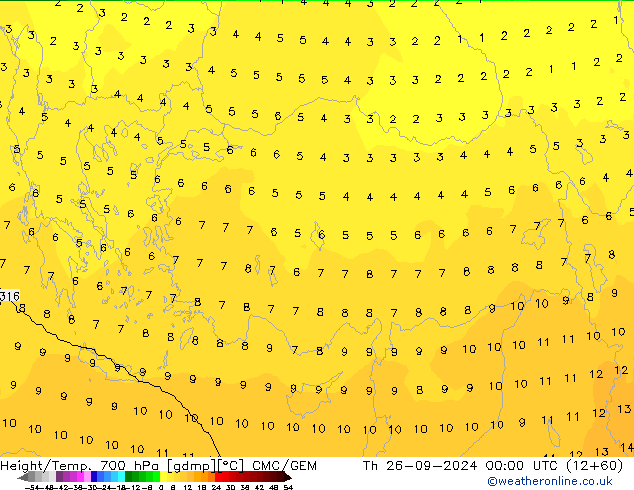 Height/Temp. 700 hPa CMC/GEM Th 26.09.2024 00 UTC