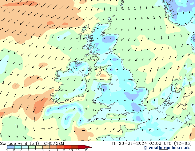 Vento 10 m (bft) CMC/GEM gio 26.09.2024 03 UTC