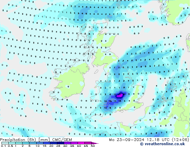 Precipitación (6h) CMC/GEM lun 23.09.2024 18 UTC