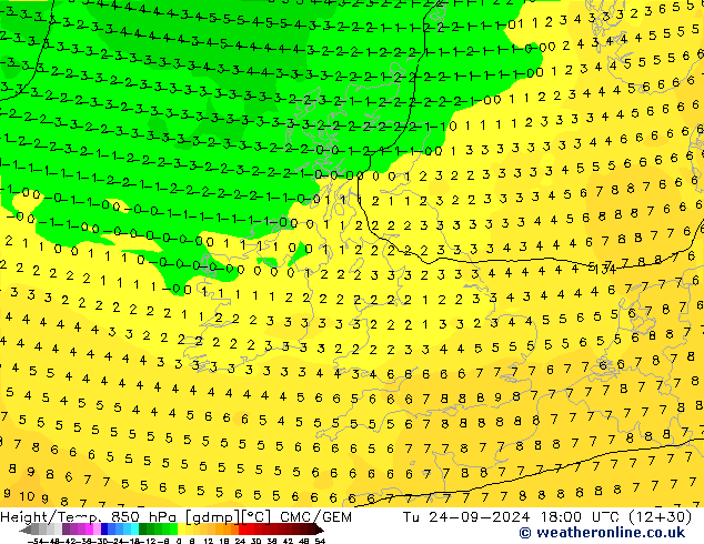 Height/Temp. 850 гПа CMC/GEM вт 24.09.2024 18 UTC