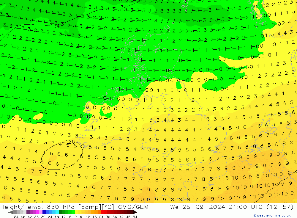 Height/Temp. 850 hPa CMC/GEM St 25.09.2024 21 UTC