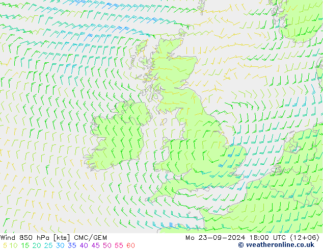 wiatr 850 hPa CMC/GEM pon. 23.09.2024 18 UTC