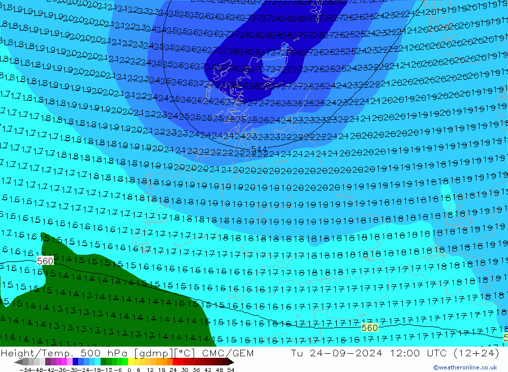 Height/Temp. 500 гПа CMC/GEM вт 24.09.2024 12 UTC