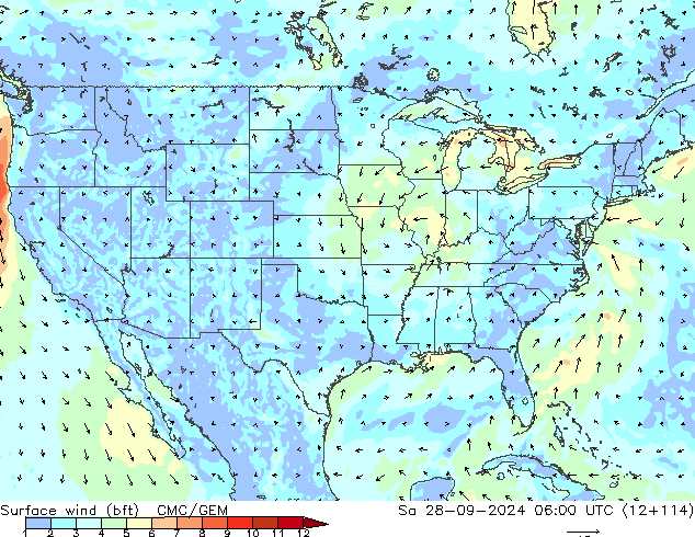 Vento 10 m (bft) CMC/GEM sab 28.09.2024 06 UTC