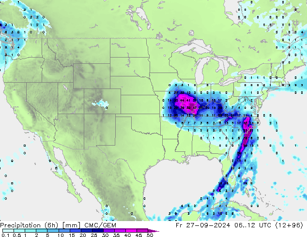 Precipitation (6h) CMC/GEM Fr 27.09.2024 12 UTC