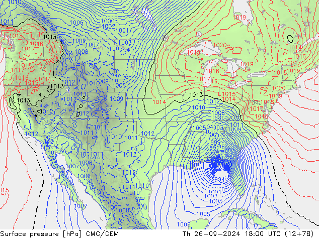 Atmosférický tlak CMC/GEM Čt 26.09.2024 18 UTC