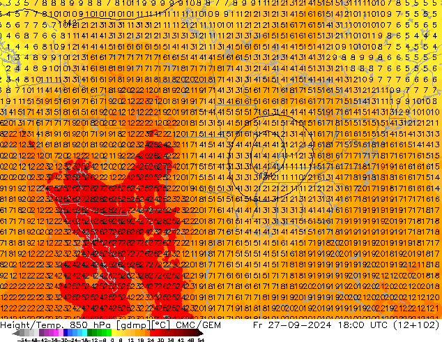 Height/Temp. 850 гПа CMC/GEM пт 27.09.2024 18 UTC