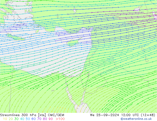 Ligne de courant 300 hPa CMC/GEM mer 25.09.2024 12 UTC