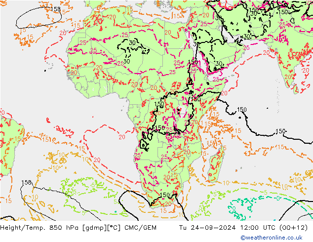 Yükseklik/Sıc. 850 hPa CMC/GEM Sa 24.09.2024 12 UTC