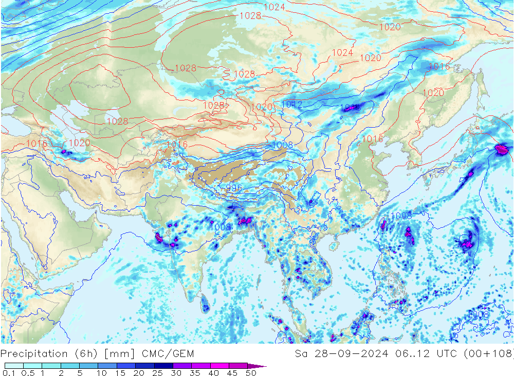 Precipitation (6h) CMC/GEM So 28.09.2024 12 UTC