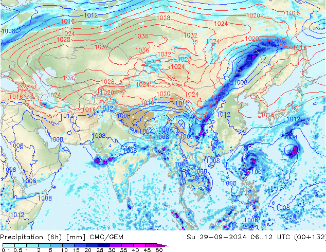 осадки (6h) CMC/GEM Вс 29.09.2024 12 UTC