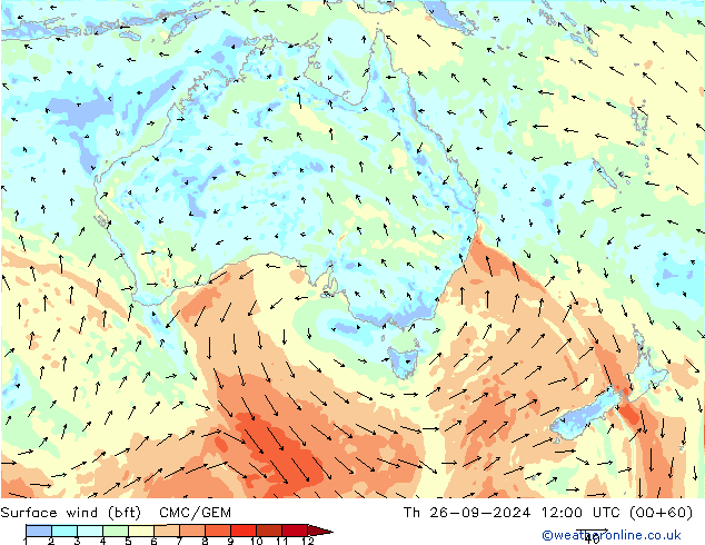 Wind 10 m (bft) CMC/GEM do 26.09.2024 12 UTC