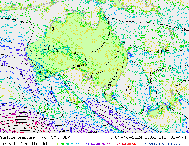 Eşrüzgar Hızları (km/sa) CMC/GEM Sa 01.10.2024 06 UTC