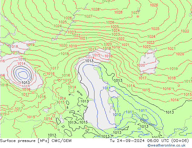 Atmosférický tlak CMC/GEM Út 24.09.2024 06 UTC