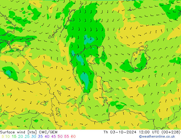 Surface wind CMC/GEM Čt 03.10.2024 12 UTC