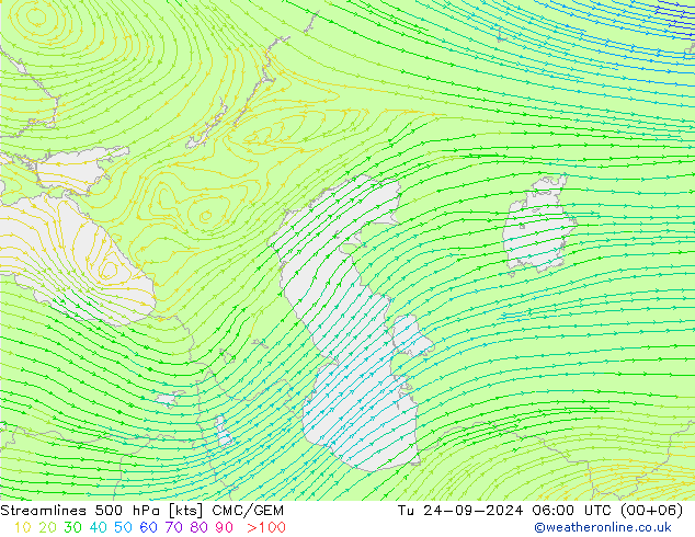 Streamlines 500 hPa CMC/GEM Tu 24.09.2024 06 UTC