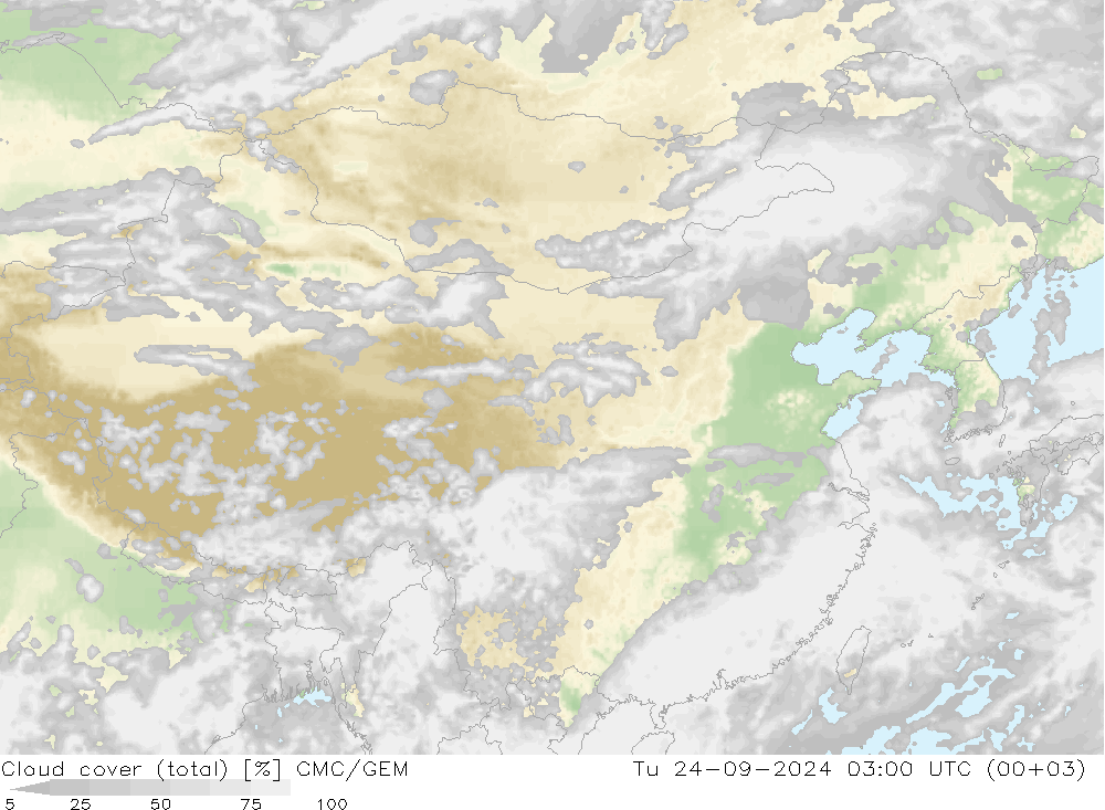 Cloud cover (total) CMC/GEM Tu 24.09.2024 03 UTC