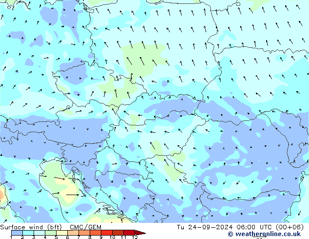 Wind 10 m (bft) CMC/GEM di 24.09.2024 06 UTC