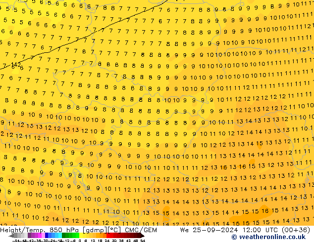 Height/Temp. 850 гПа CMC/GEM ср 25.09.2024 12 UTC