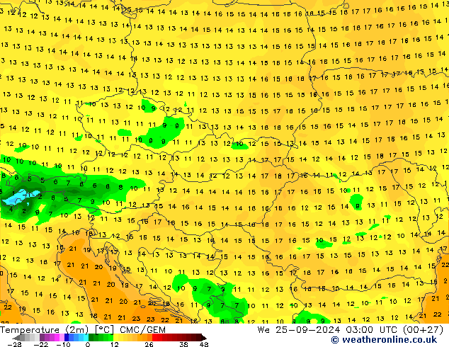 Temperaturkarte (2m) CMC/GEM Mi 25.09.2024 03 UTC