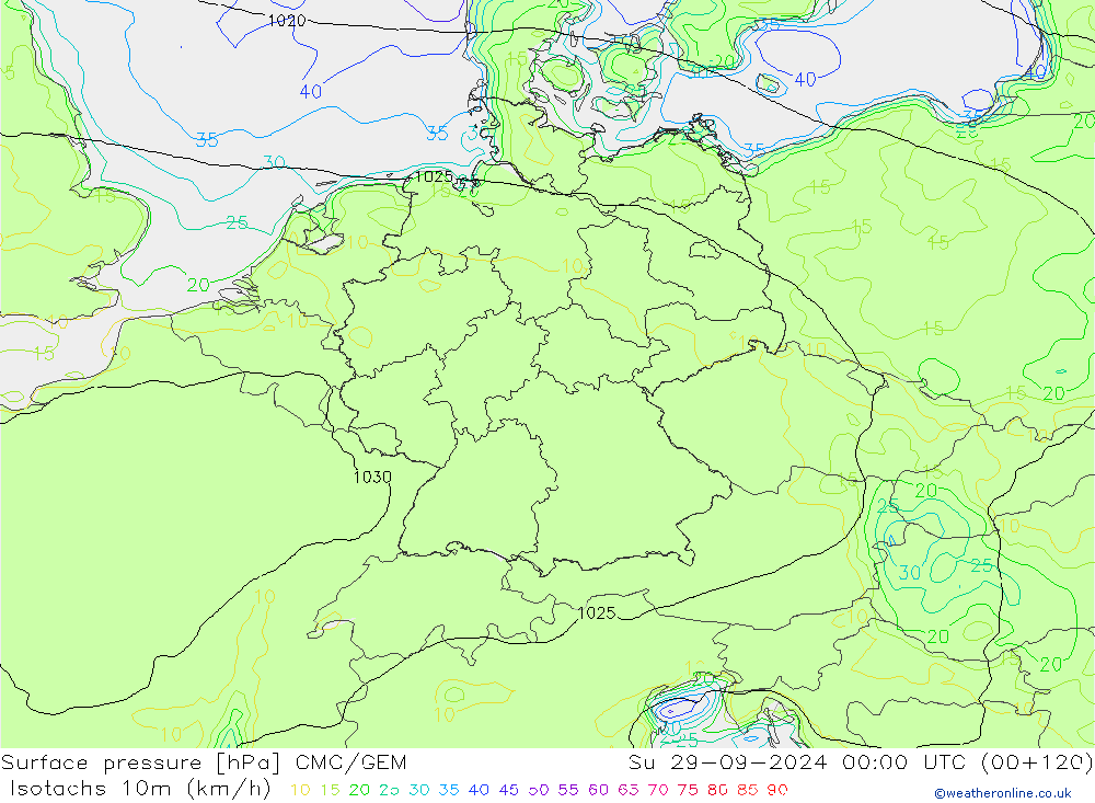 Isotachs (kph) CMC/GEM  29.09.2024 00 UTC