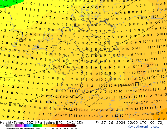 Height/Temp. 850 гПа CMC/GEM пт 27.09.2024 00 UTC