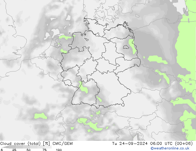 Cloud cover (total) CMC/GEM Tu 24.09.2024 06 UTC