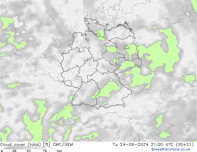 Cloud cover (total) CMC/GEM Tu 24.09.2024 21 UTC